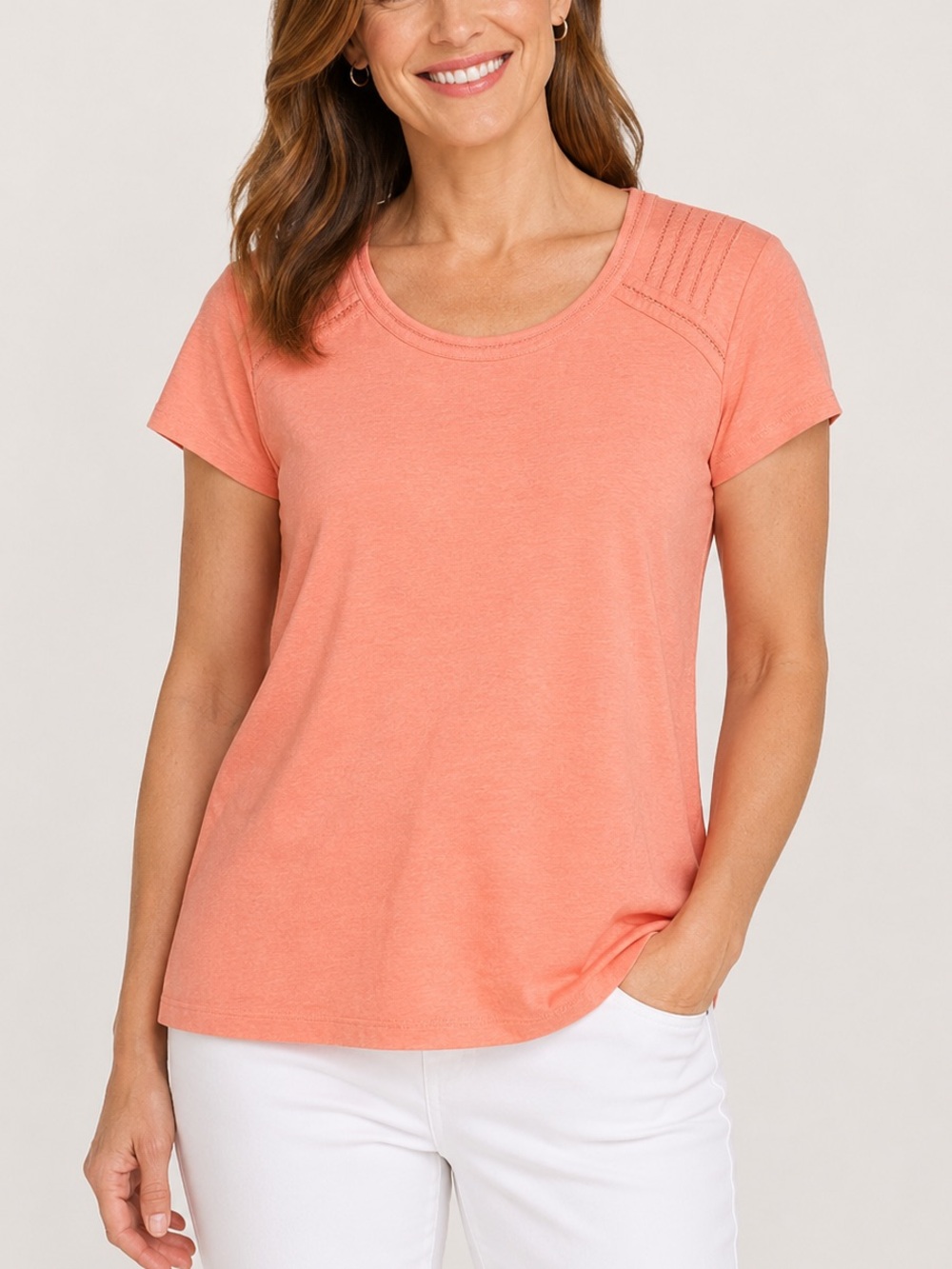 Weekends by Chico's 2 Peach Modal Cotton Top Short Sleeve Embroidered Shoulder L